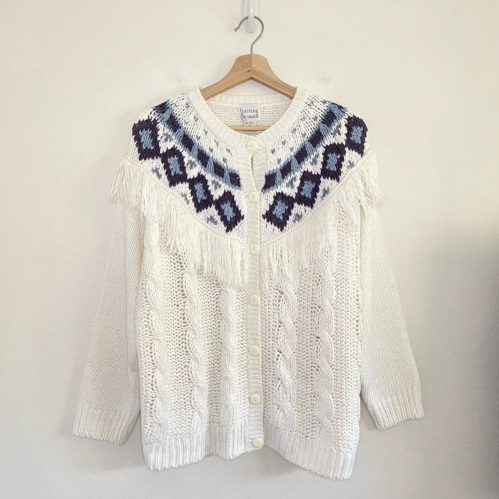 Vintage Nordic Fair Isle Fringe Yoke Cardigan Cable Knit Sweater 80s 90s Medium